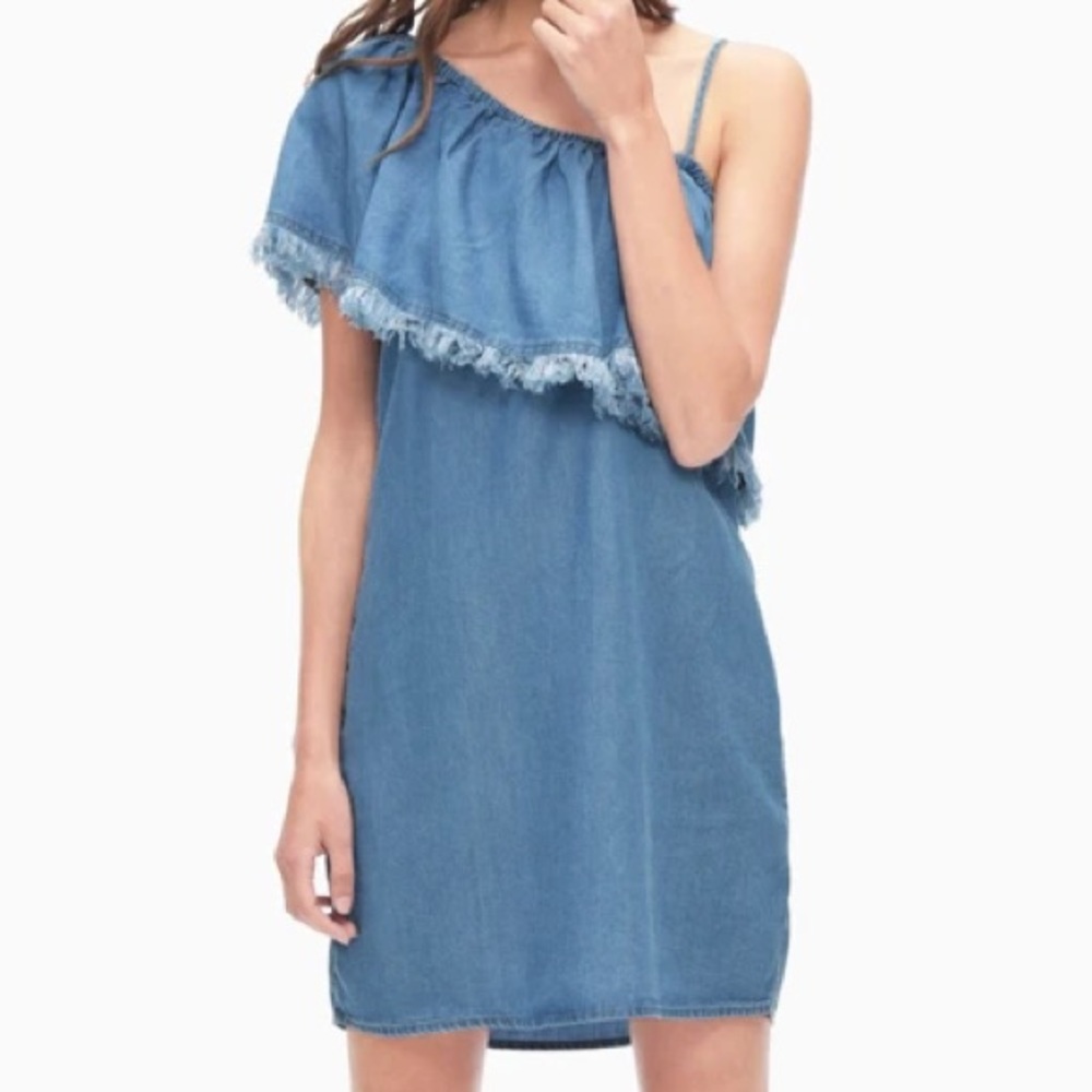Splendid Indigo Chambray Ruffle One Shoulder Dress